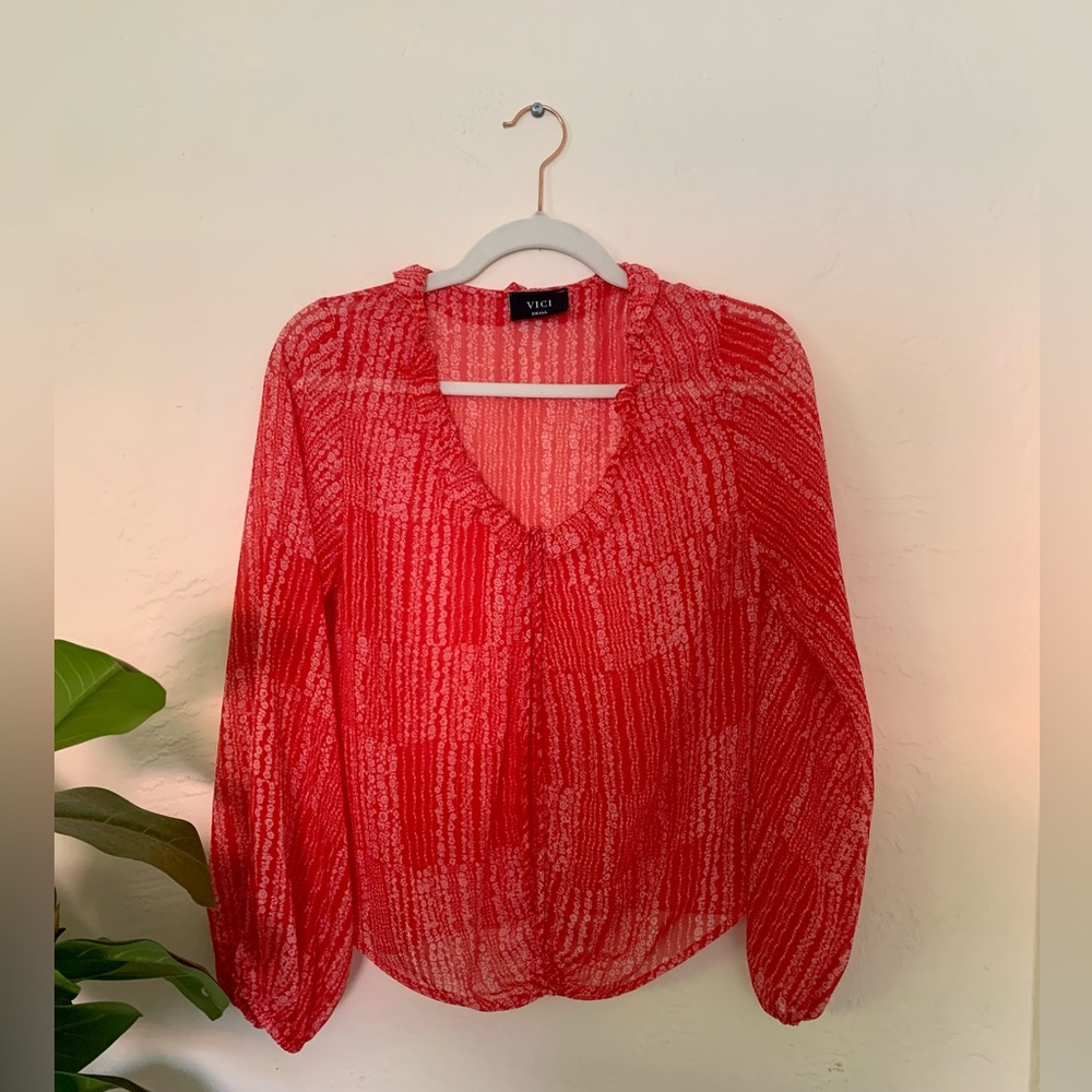 Vici Red Sheer long sleeve Blouse with Ruching Small